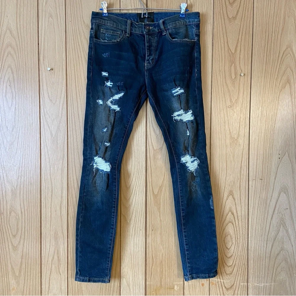 Valabasas Dark Wash Buttonfly Mens Distressed Skinny Jean